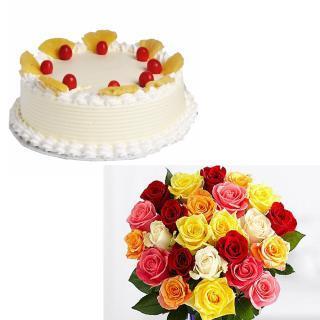 Mixed roses with cake