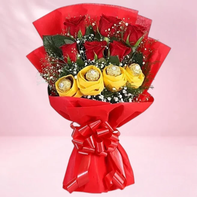 Romantic red roses with ferrero rocher chocolate