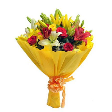 Mixed lilies and roses