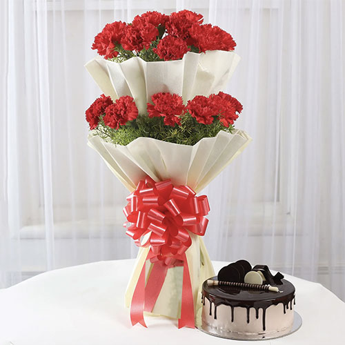 Two layer carantion bouquet with chocolate cake