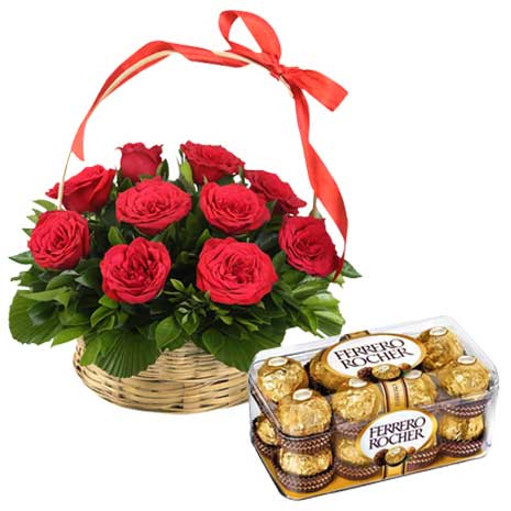 Red rose basket with chocolate
